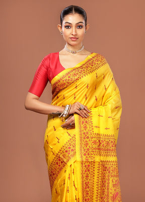 Yellow Kantha Stitch Pure Silk Saree With Blouse Piece