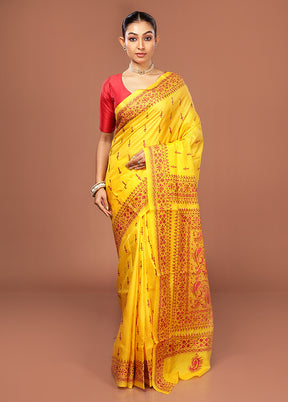 Yellow Kantha Stitch Pure Silk Saree With Blouse Piece
