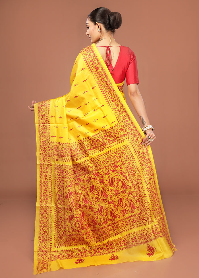 Yellow Kantha Stitch Pure Silk Saree With Blouse Piece