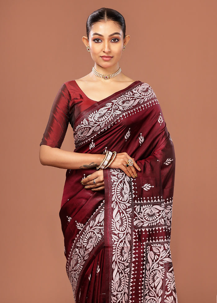 Maroon Kantha Stitch Pure Silk Saree With Blouse Piece