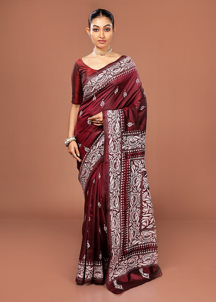 Maroon Kantha Stitch Pure Silk Saree With Blouse Piece