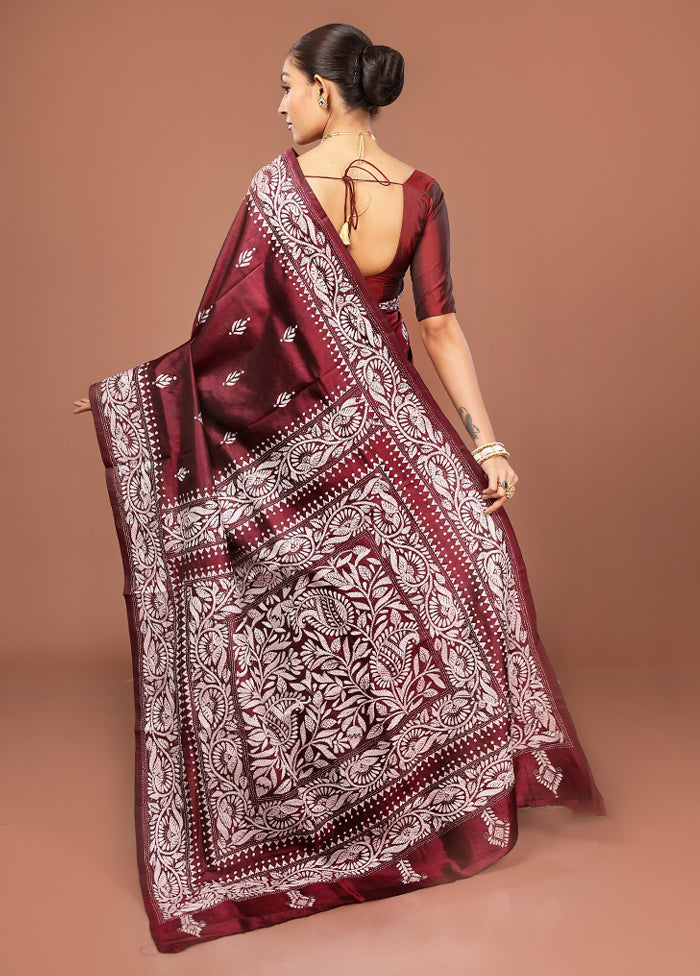 Maroon Kantha Stitch Pure Silk Saree With Blouse Piece