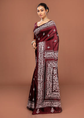 Maroon Kantha Stitch Pure Silk Saree With Blouse Piece