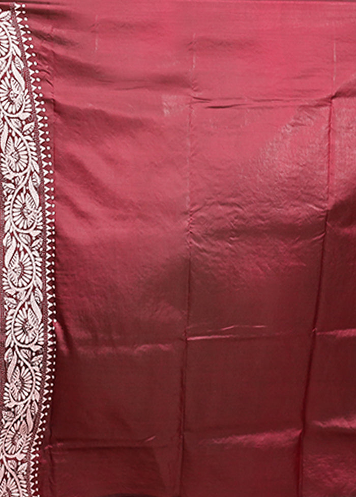 Maroon Kantha Stitch Pure Silk Saree With Blouse Piece