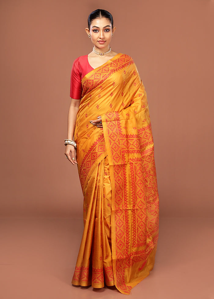 Yellow Kantha Stitch Pure Silk Saree With Blouse Piece