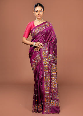 Purple Kantha Stitch Pure Silk Saree With Blouse Piece
