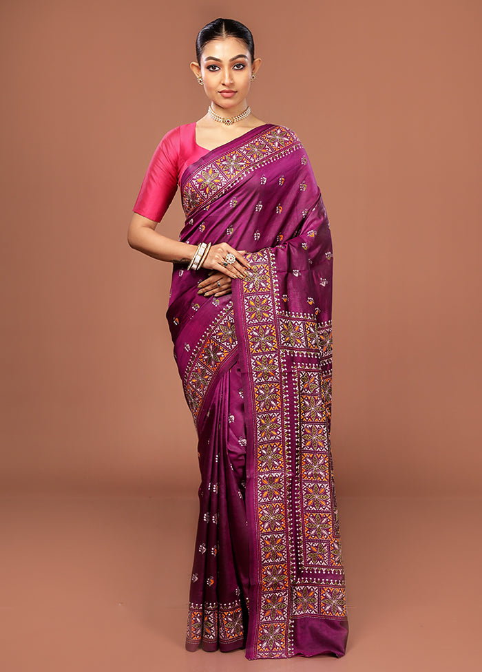 Purple Kantha Stitch Pure Silk Saree With Blouse Piece