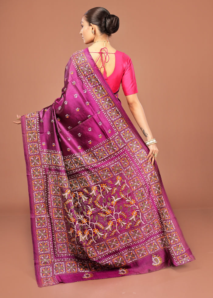 Purple Kantha Stitch Pure Silk Saree With Blouse Piece