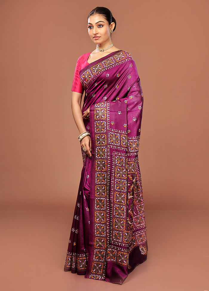 Purple Kantha Stitch Pure Silk Saree With Blouse Piece