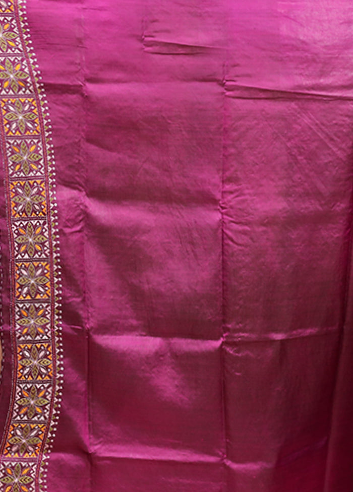 Purple Kantha Stitch Pure Silk Saree With Blouse Piece