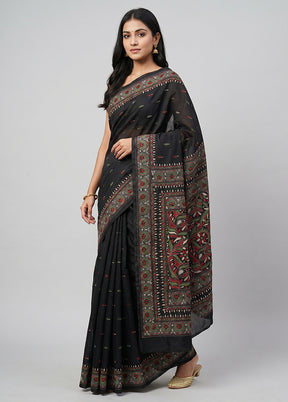Black Handloom Kantha Stitch Pure Silk Saree With Blouse Piece