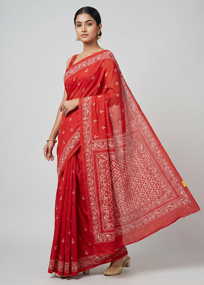 Red Handloom Kantha Stitch Pure Silk Saree With Blouse Piece