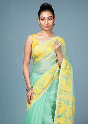 Green Tant Jamdani Saree Without Blouse Piece