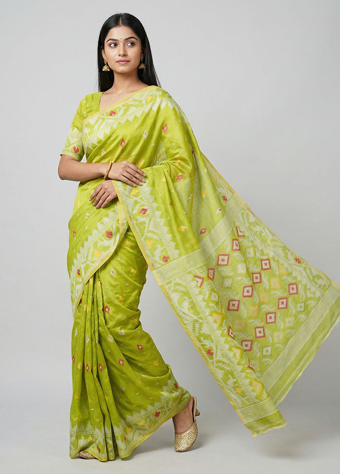 Green Jamdani Cotton Saree Without Blouse Piece