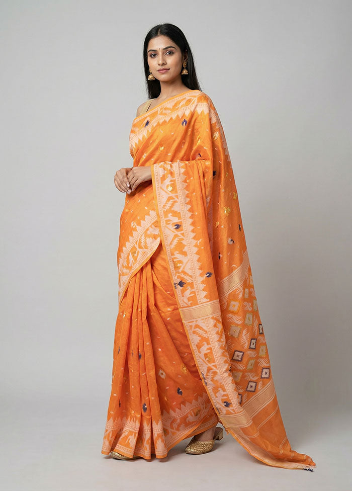 Orange Jamdani Cotton Saree Without Blouse Piece