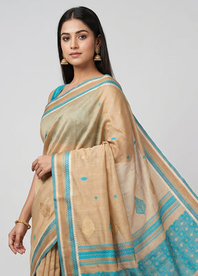 Cream Tussar Silk Saree With Blouse Piece