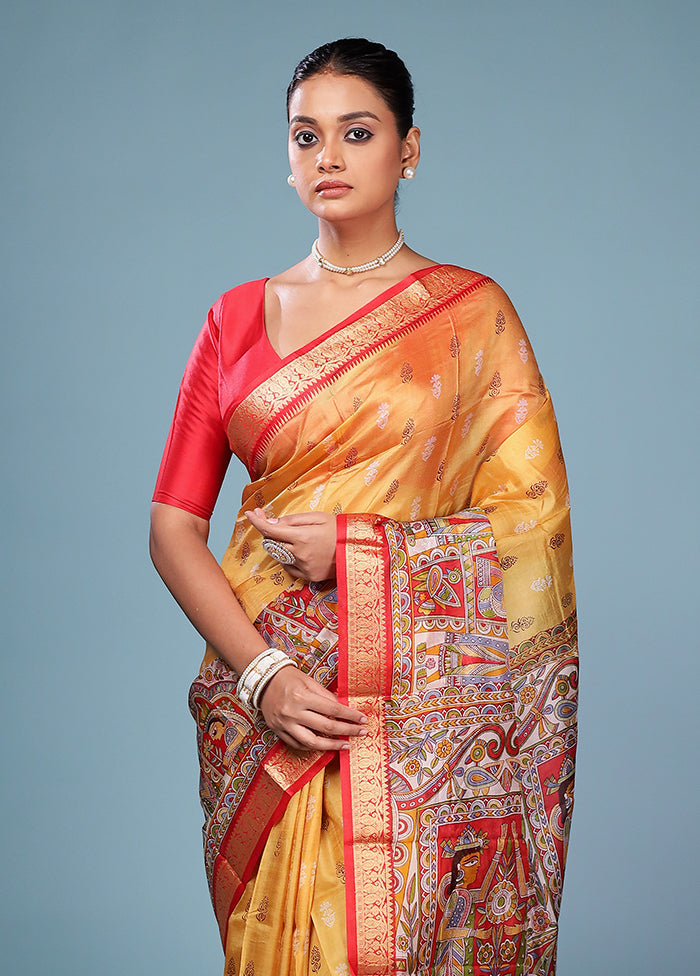 Yellow Printed Pure Silk Saree Without Blouse Piece