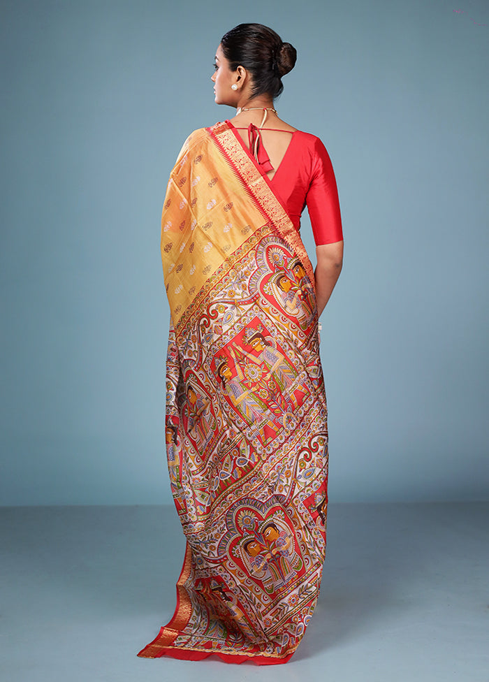 Yellow Printed Pure Silk Saree Without Blouse Piece