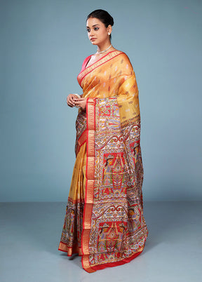 Yellow Printed Pure Silk Saree Without Blouse Piece
