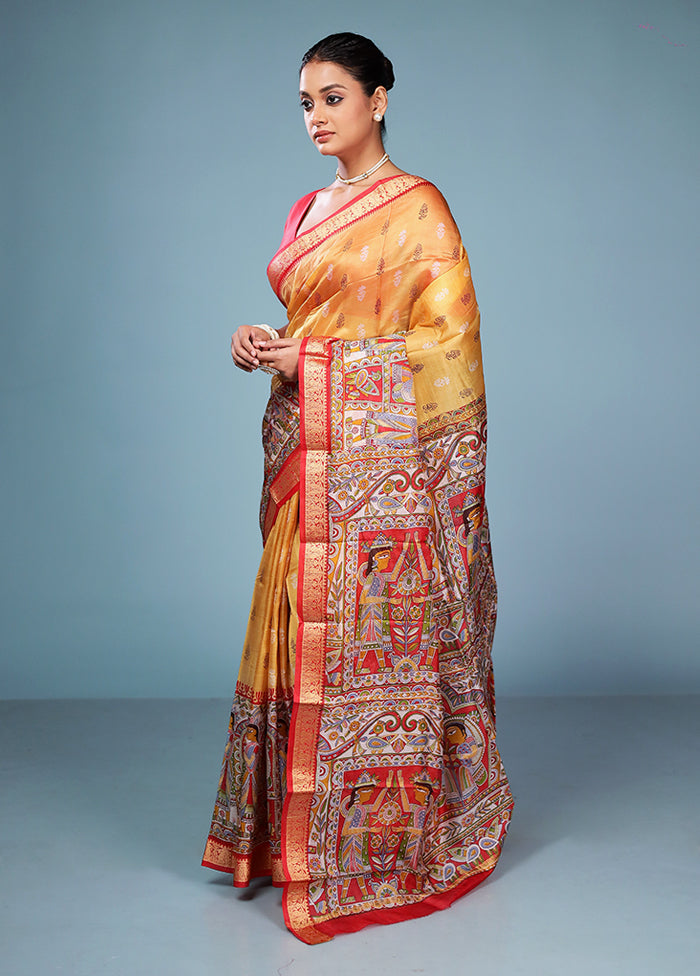 Yellow Printed Pure Silk Saree Without Blouse Piece