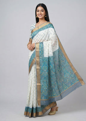 White Printed Pure Silk Saree Without Blouse Piece