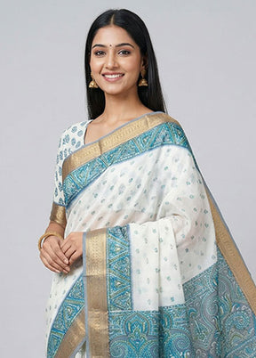 White Printed Pure Silk Saree Without Blouse Piece