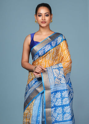 Yellow Printed Pure Silk Saree Without Blouse Piece