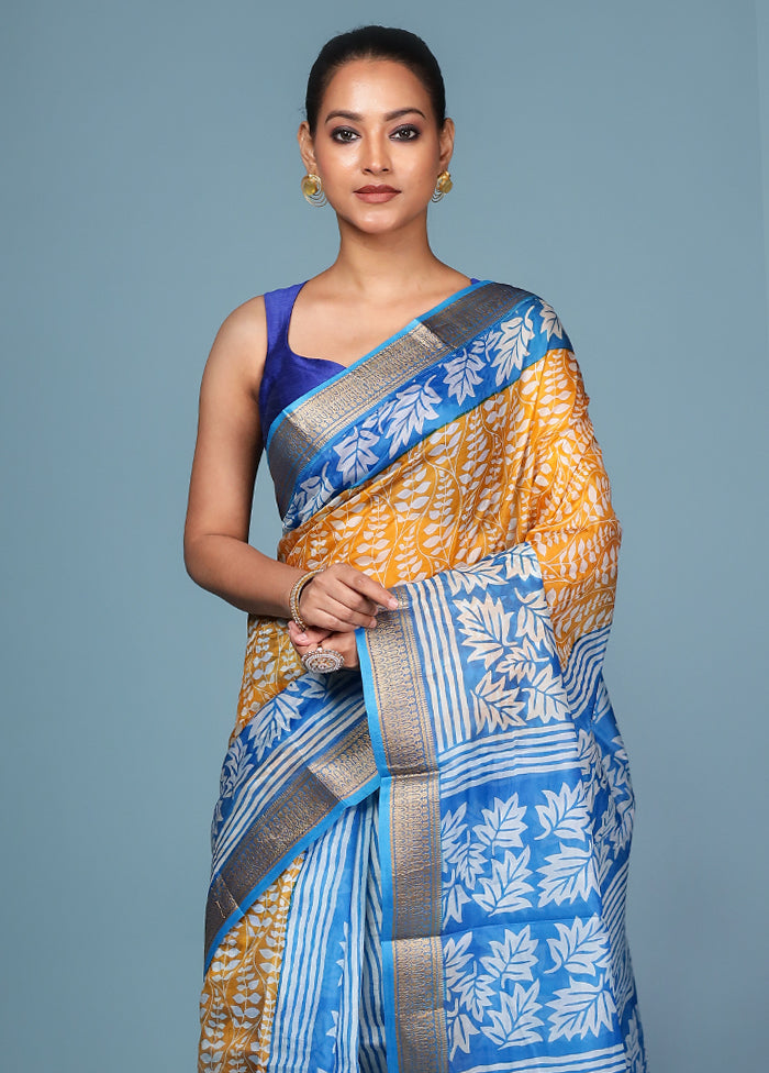 Yellow Printed Pure Silk Saree Without Blouse Piece