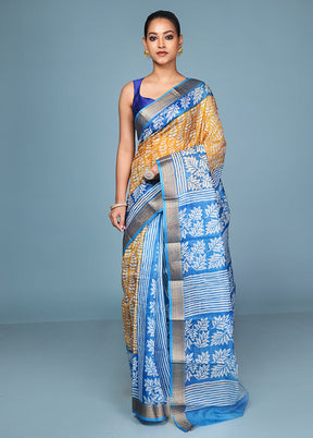 Yellow Printed Pure Silk Saree Without Blouse Piece