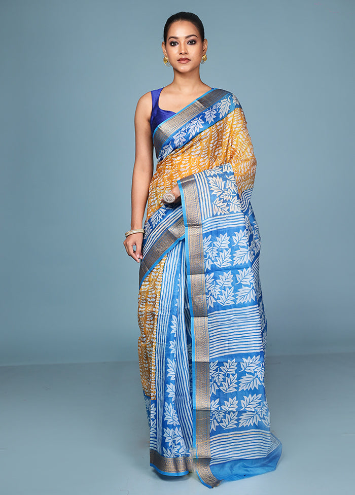 Yellow Printed Pure Silk Saree Without Blouse Piece