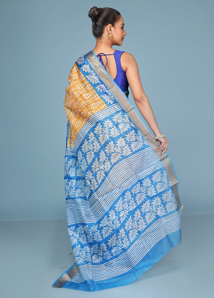 Yellow Printed Pure Silk Saree Without Blouse Piece