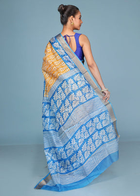 Yellow Printed Pure Silk Saree Without Blouse Piece
