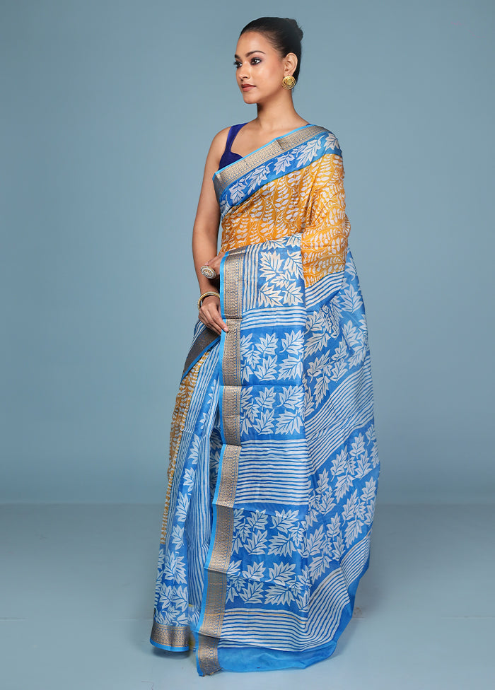 Yellow Printed Pure Silk Saree Without Blouse Piece