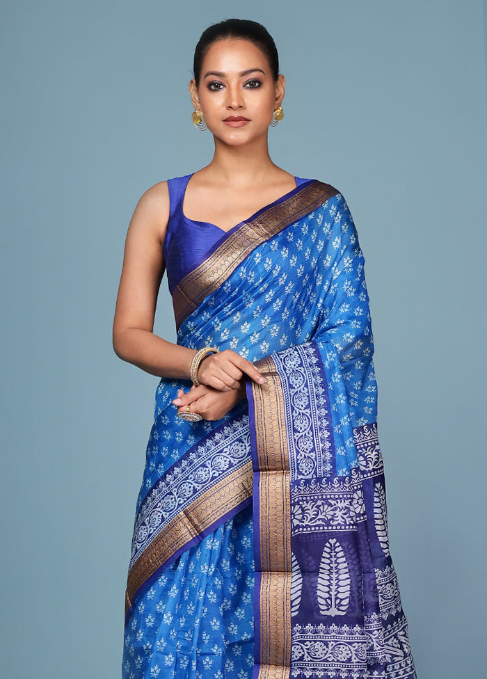 Blue Printed Silk Saree Without Blouse Piece