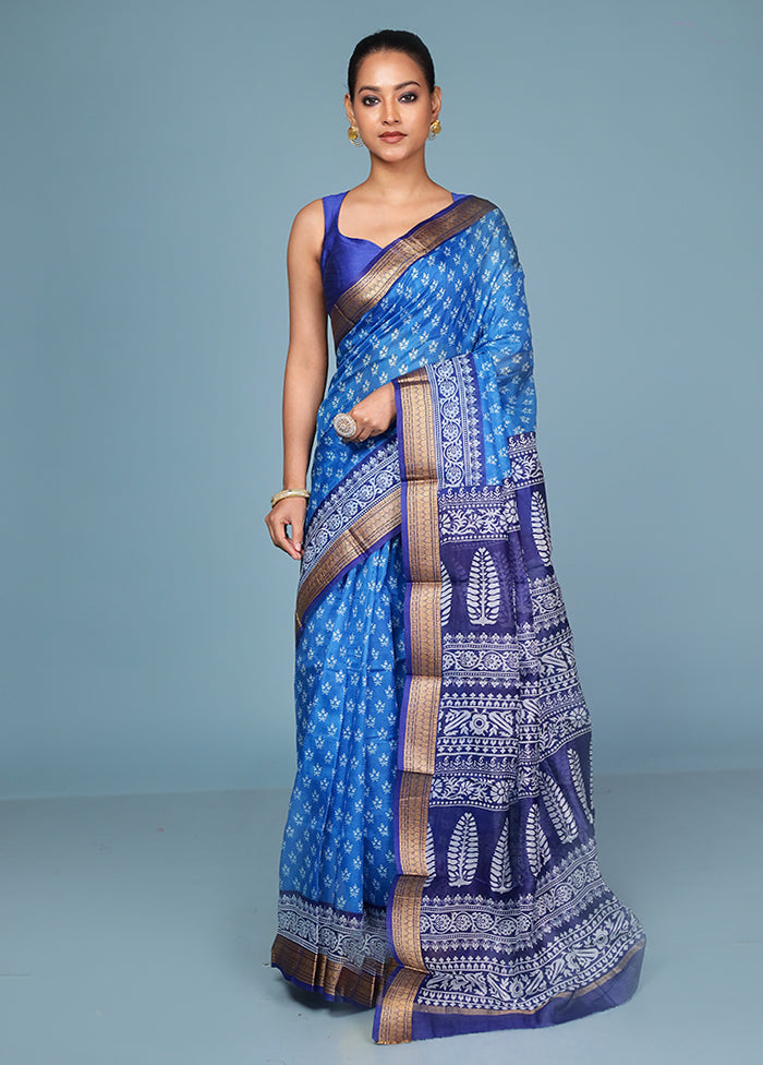 Blue Printed Silk Saree Without Blouse Piece