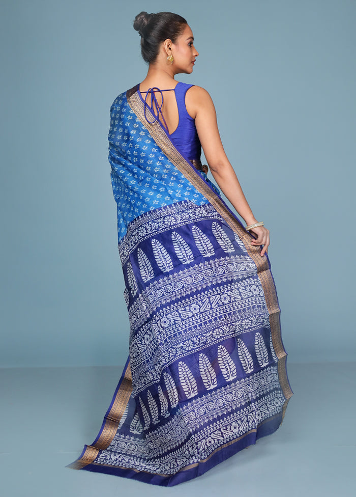 Blue Printed Silk Saree Without Blouse Piece