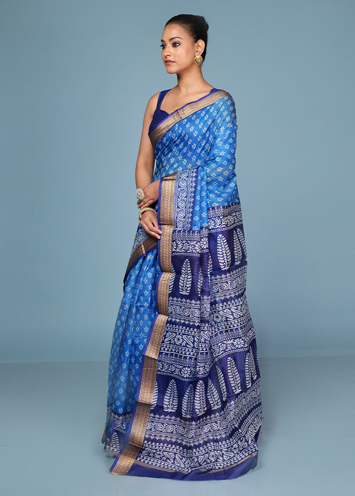 Blue Printed Silk Saree Without Blouse Piece