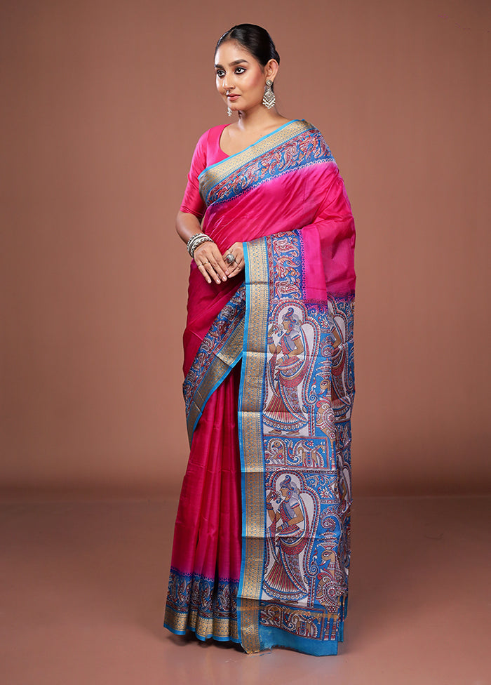 Pink Printed Pure Silk Saree Without Blouse Piece