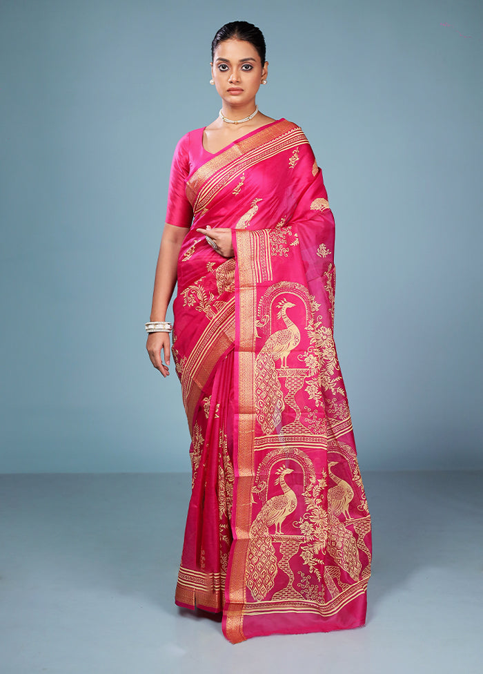Pink Printed Pure Silk Saree Without Blouse Piece