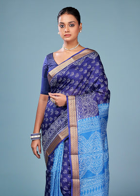 Blue Printed Silk Saree Without Blouse Piece
