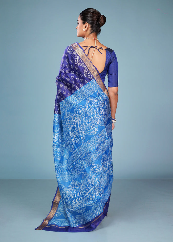 Blue Printed Silk Saree Without Blouse Piece
