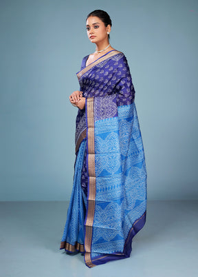 Blue Printed Silk Saree Without Blouse Piece