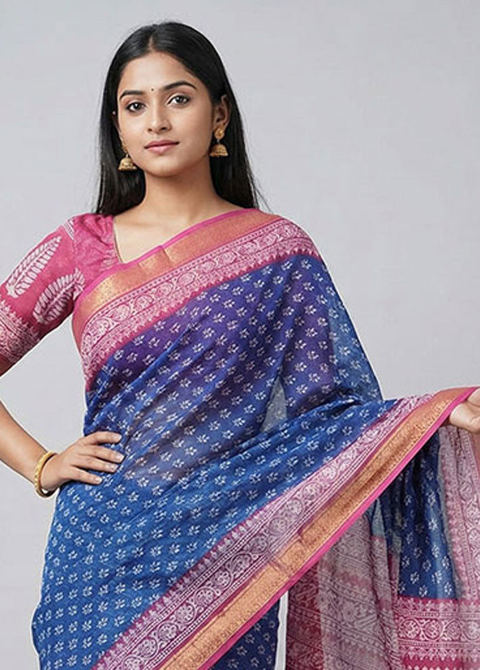 Blue Printed Pure Silk Saree Without Blouse Piece