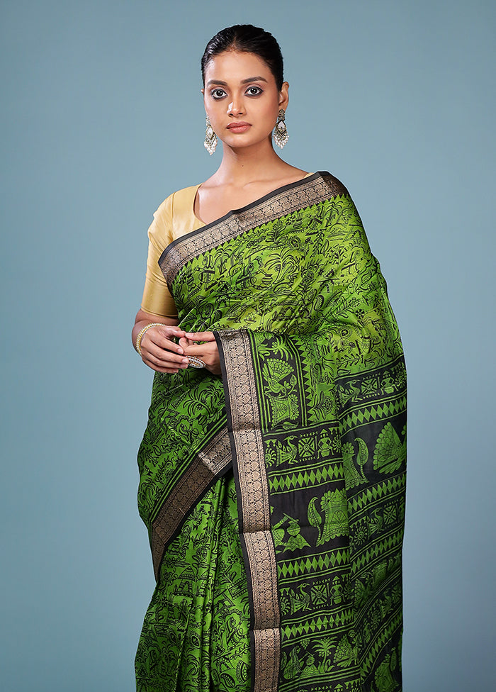 Green Printed Pure Silk Saree Without Blouse Piece