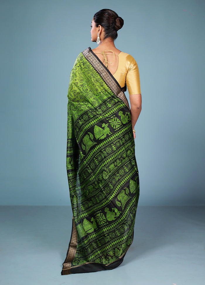 Green Printed Pure Silk Saree Without Blouse Piece