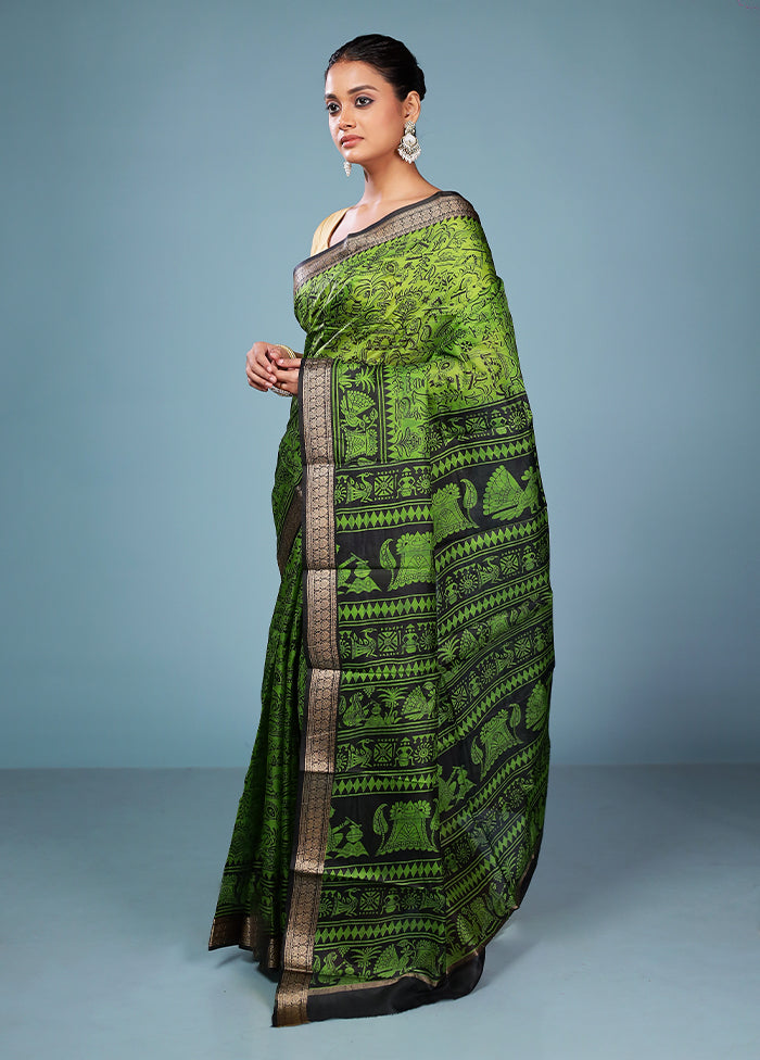 Green Printed Pure Silk Saree Without Blouse Piece