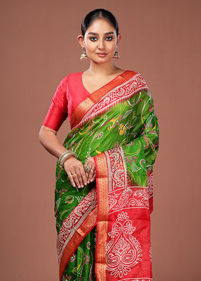 Green Printed Pure Silk Saree Without Blouse Piece