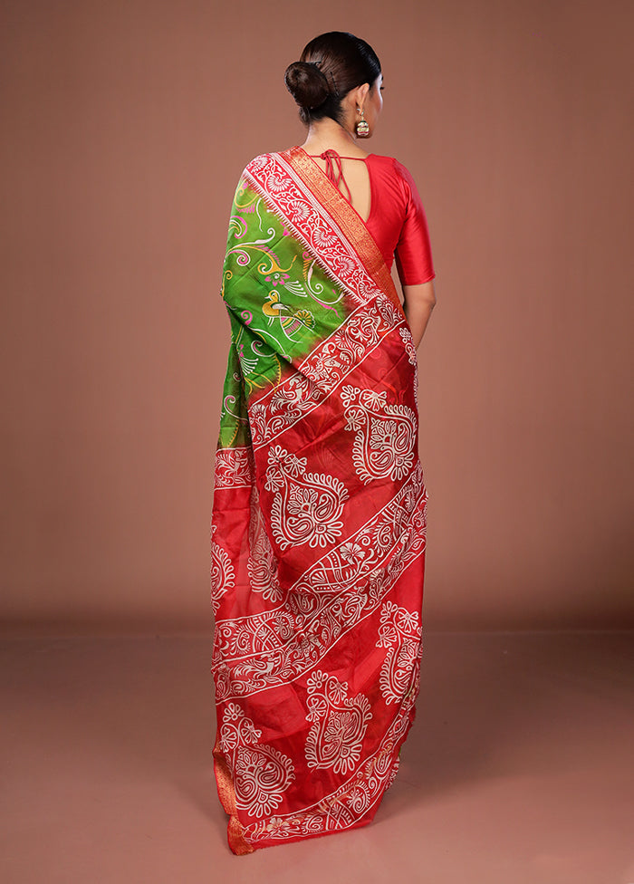 Green Printed Pure Silk Saree Without Blouse Piece