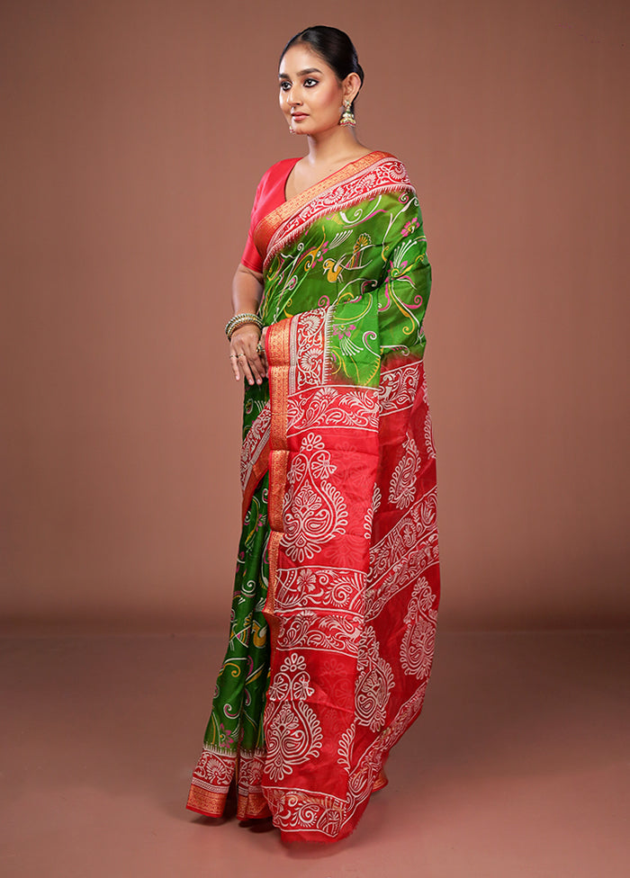 Green Printed Pure Silk Saree Without Blouse Piece