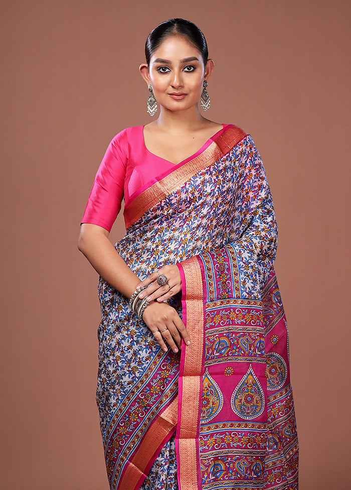 White Printed Pure Silk Saree Without Blouse Piece